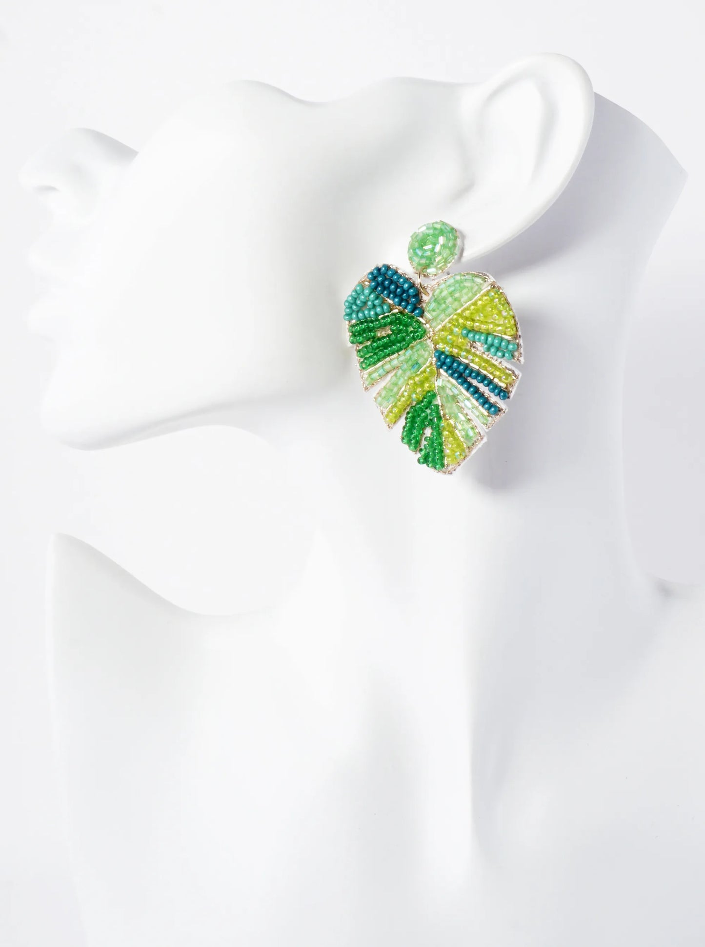 Tropical-Theme Seed-Beaded Monstera Statement Earrings