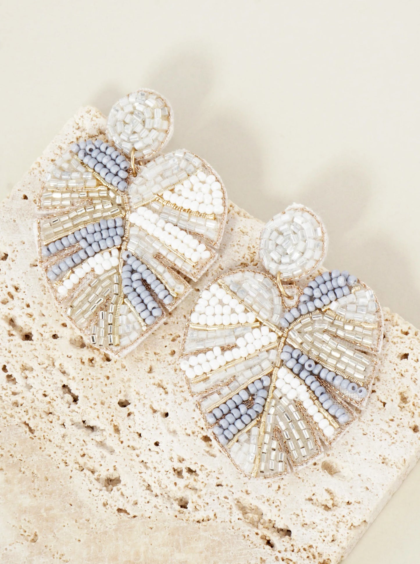 Tropical-Theme Seed-Beaded Monstera Statement Earrings