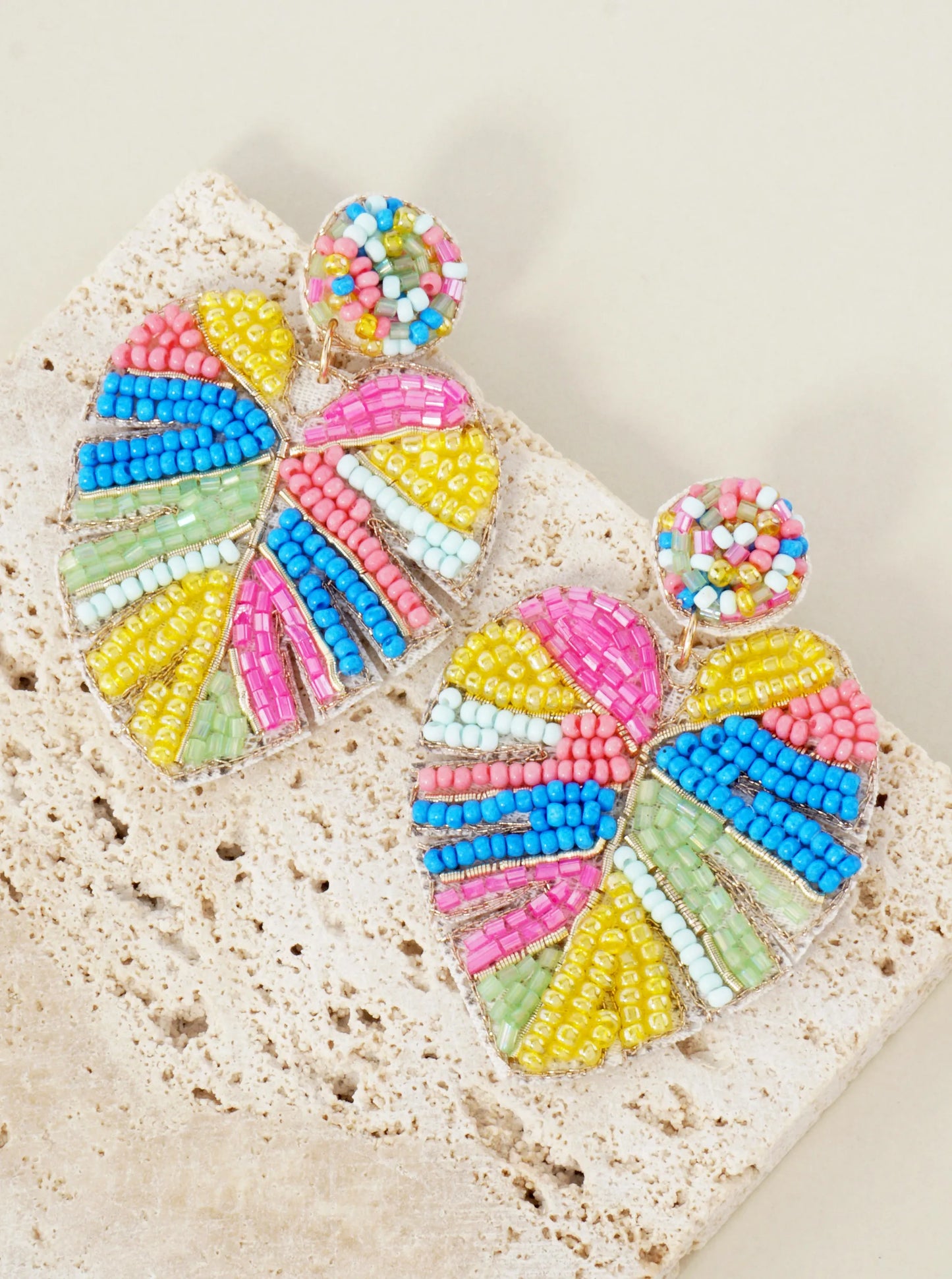 Tropical-Theme Seed-Beaded Monstera Statement Earrings