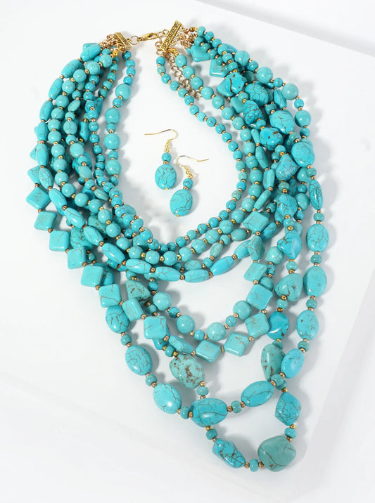 Turquoise Semi-Precious 8-Strand Layered Bohemian Western Bib Beaded Necklace Set-with-Earrings
