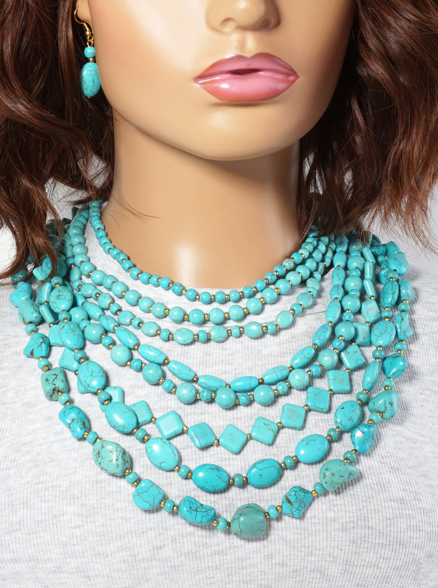 Turquoise Semi-Precious 8-Strand Layered Bohemian Western Bib Beaded Necklace Set-with-Earrings