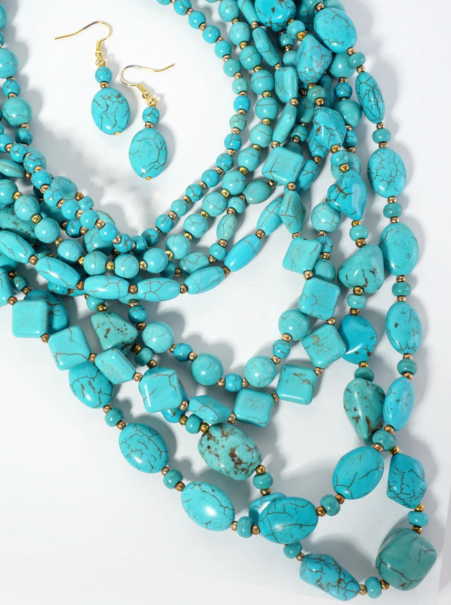 Turquoise Semi-Precious 8-Strand Layered Bohemian Western Bib Beaded Necklace Set-with-Earrings