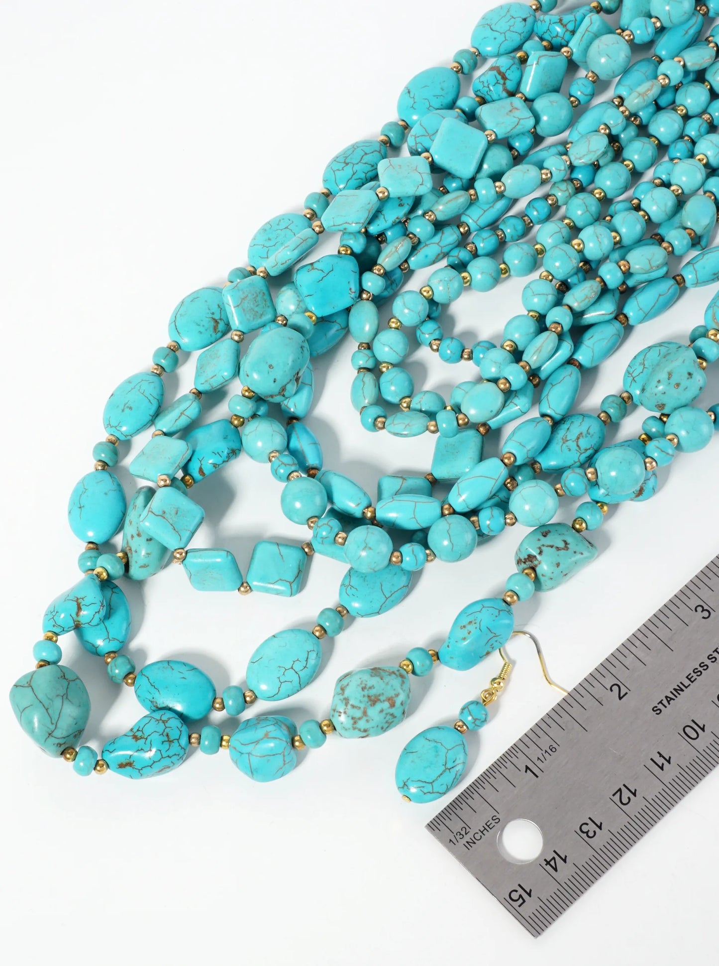 Turquoise Semi-Precious 8-Strand Layered Bohemian Western Bib Beaded Necklace Set-with-Earrings