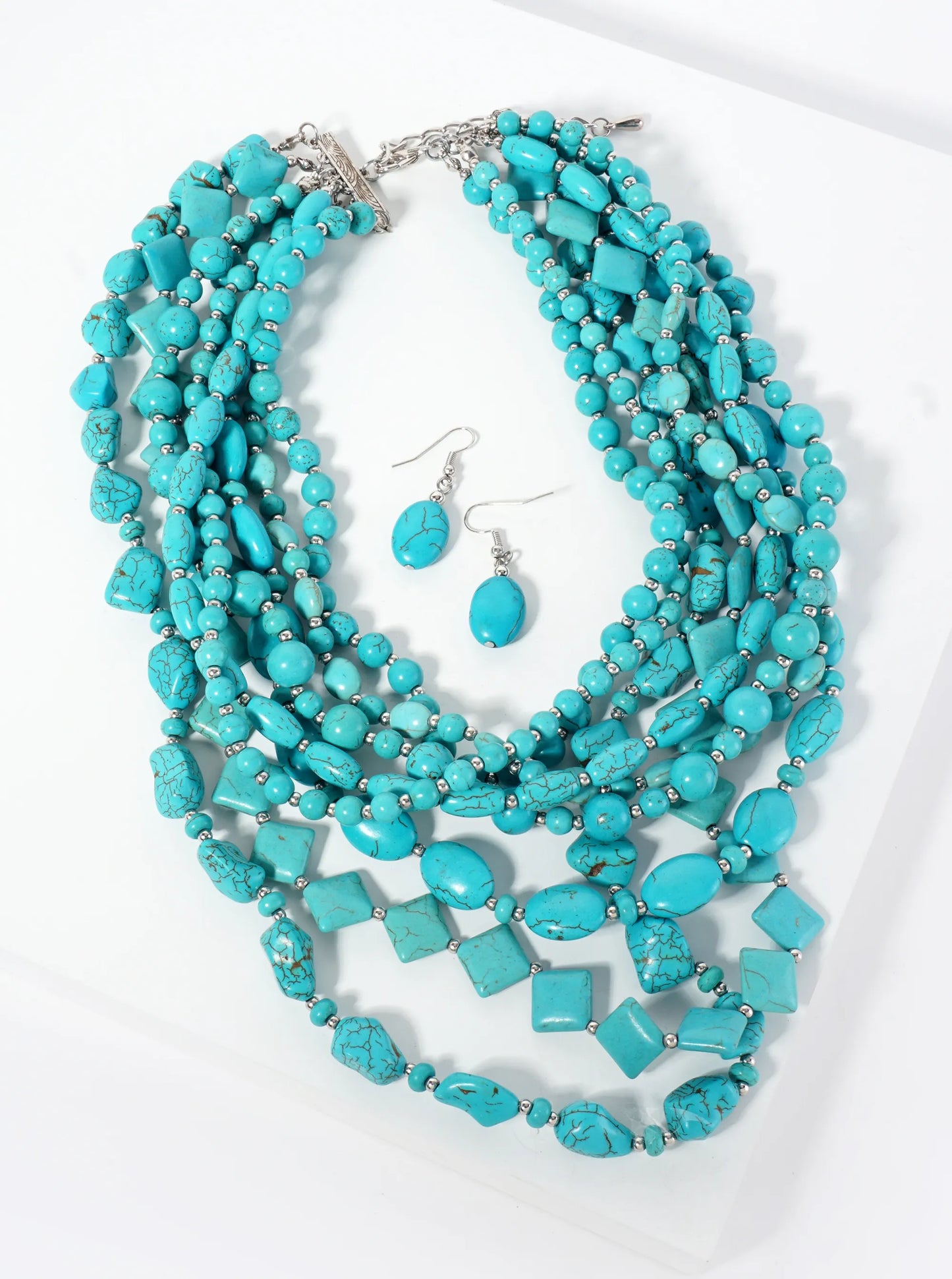 Turquoise Semi-Precious 8-Strand Layered Bohemian Western Bib Beaded Necklace Set-with-Earrings