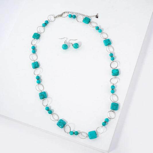 Turquoise Semi-Precious Natural-Stone 28-Inch Long Necklace Set-with-Earrings
