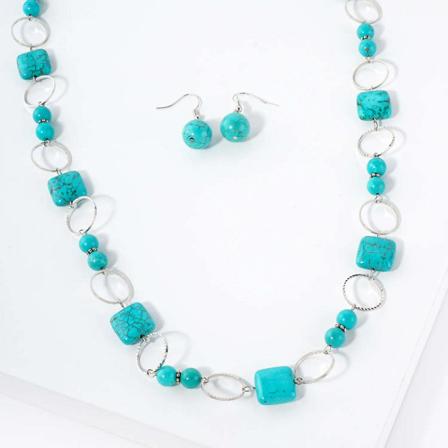 Turquoise Semi-Precious Natural-Stone 28-Inch Long Necklace Set-with-Earrings