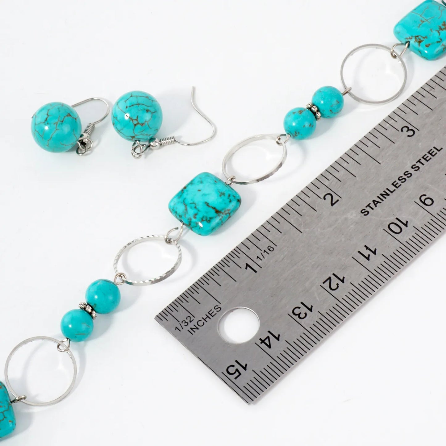 Turquoise Semi-Precious Natural-Stone 28-Inch Long Necklace Set-with-Earrings