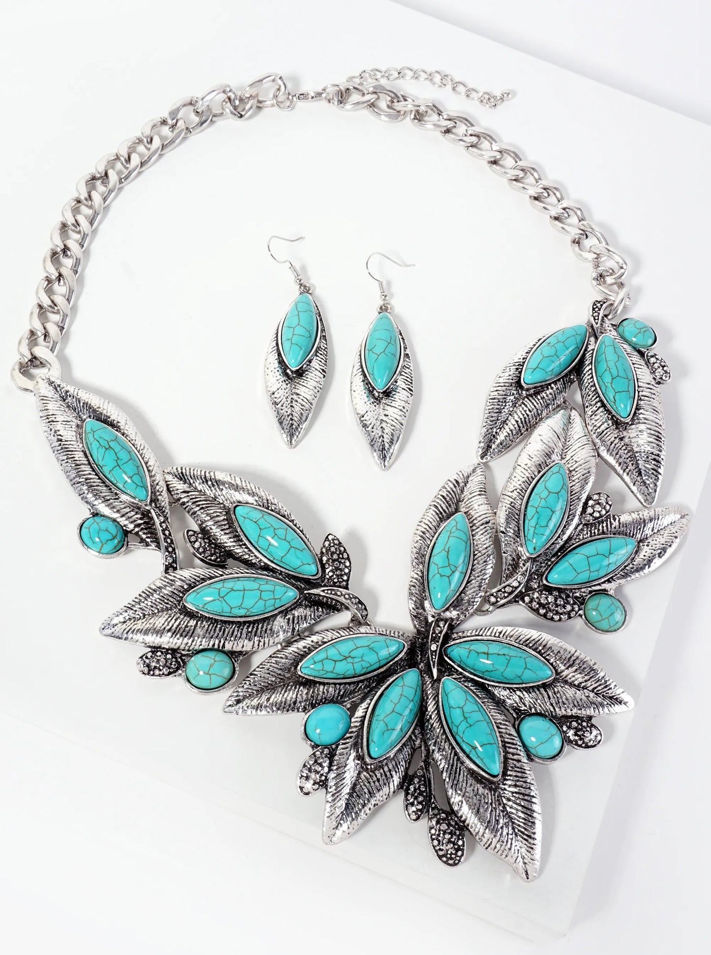 Turquoise Semi-Precious Natural-Stone Bohemian Western Bib Statement Necklace Set-with-Earrings