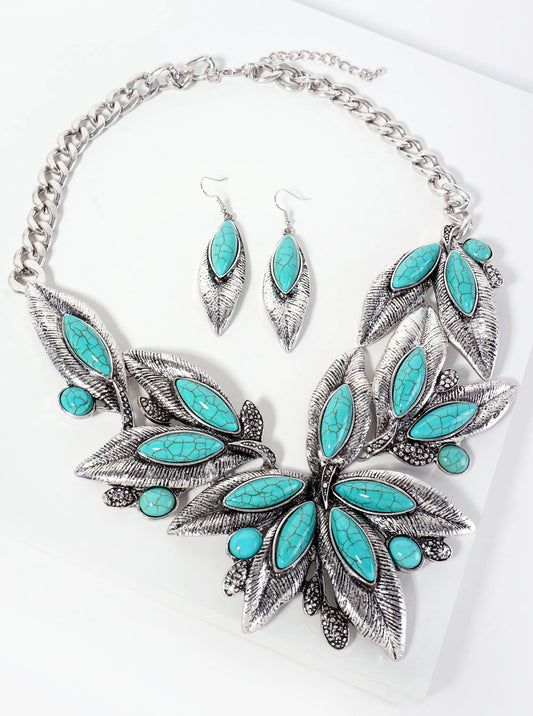 Turquoise Semi-Precious Natural-Stone Bohemian Western Bib Statement Necklace Set-with-Earrings