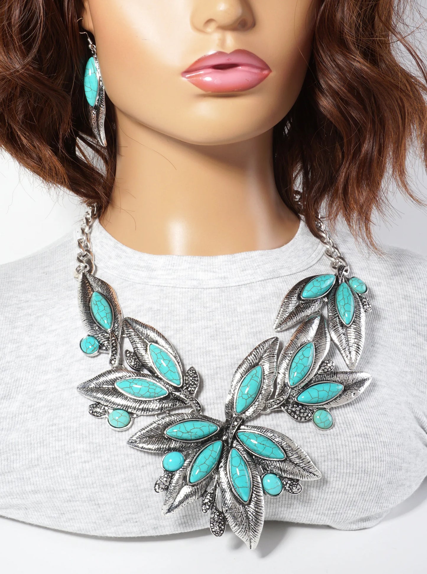 Turquoise Semi-Precious Natural-Stone Bohemian Western Bib Statement Necklace Set-with-Earrings