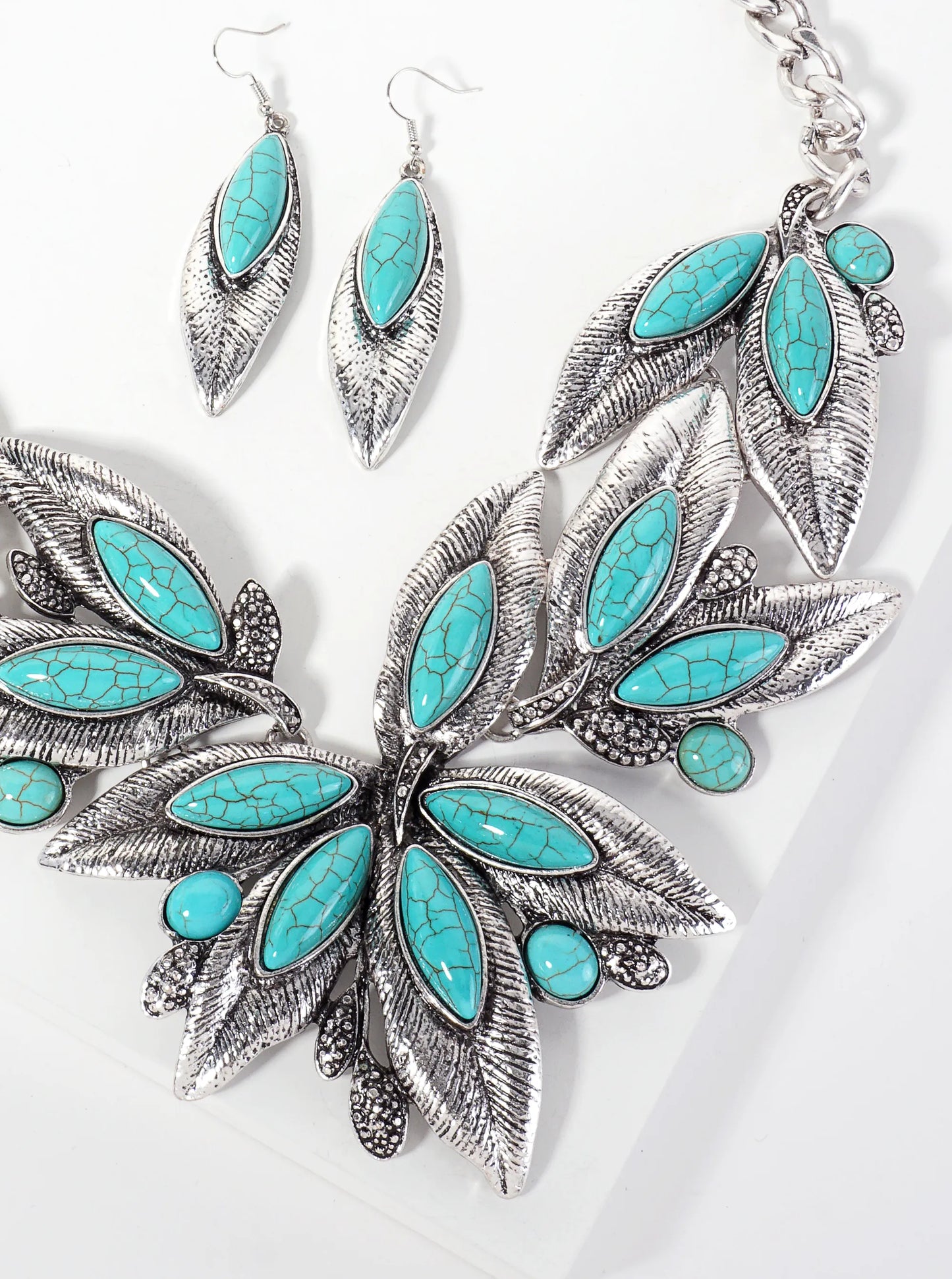 Turquoise Semi-Precious Natural-Stone Bohemian Western Bib Statement Necklace Set-with-Earrings