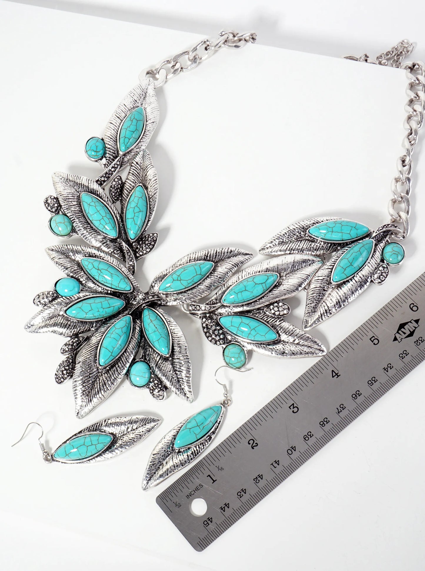 Turquoise Semi-Precious Natural-Stone Bohemian Western Bib Statement Necklace Set-with-Earrings