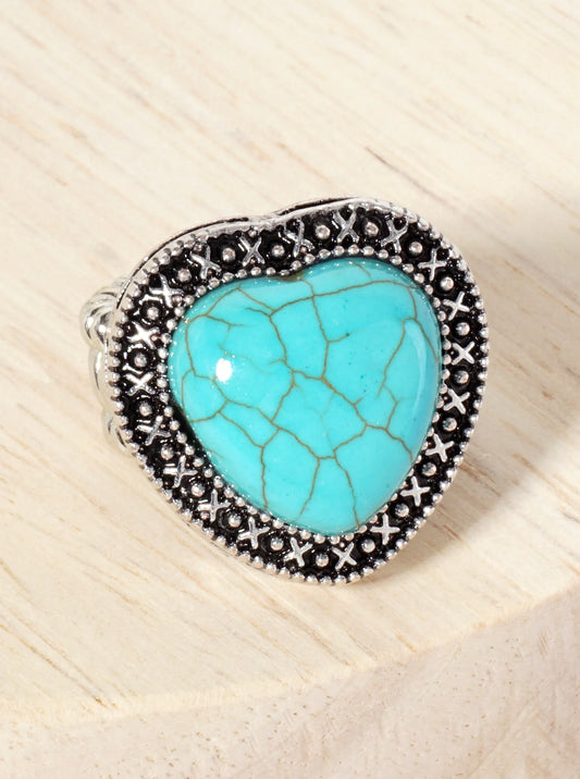 Turquoise Semi-Precious Natural-Stone Heart-Shape Bohemian Western Statement Stretch Ring