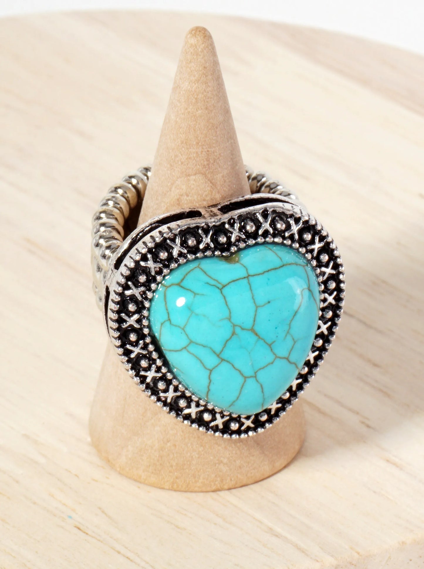 Turquoise Semi-Precious Natural-Stone Heart-Shape Bohemian Western Statement Stretch Ring