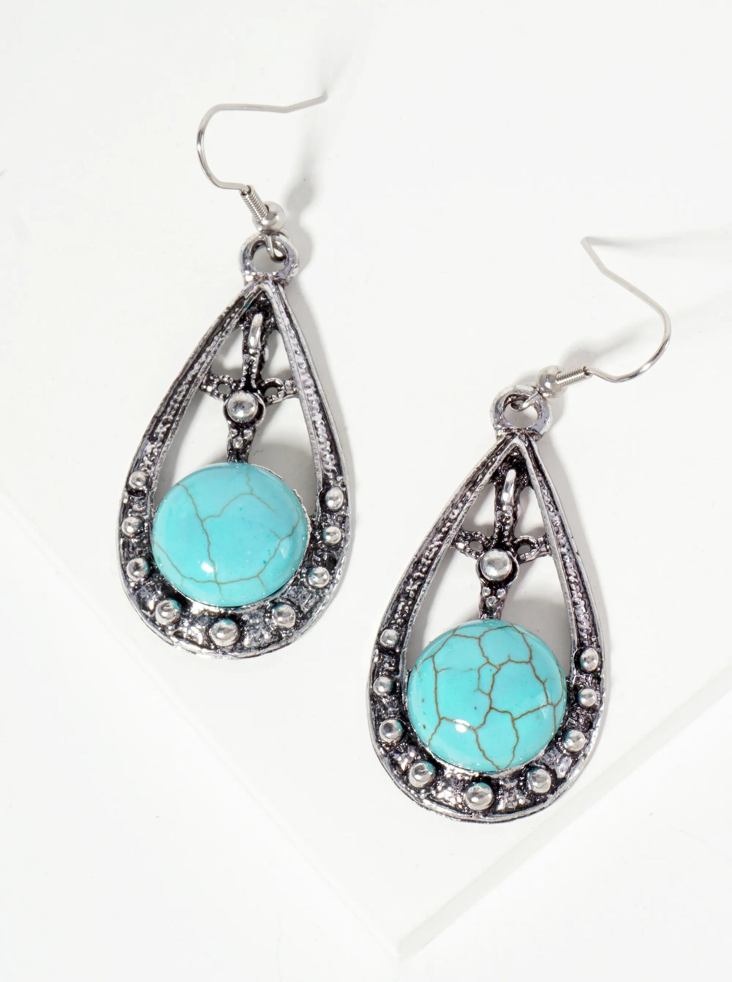 Turquoise Semi-Precious Natural-Stone Teardrop-Shape Bohemian Western Dangle Drop Earrings