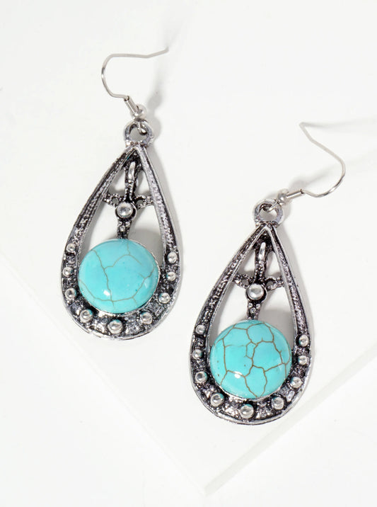 Turquoise Semi-Precious Natural-Stone Teardrop-Shape Bohemian Western Dangle Drop Earrings
