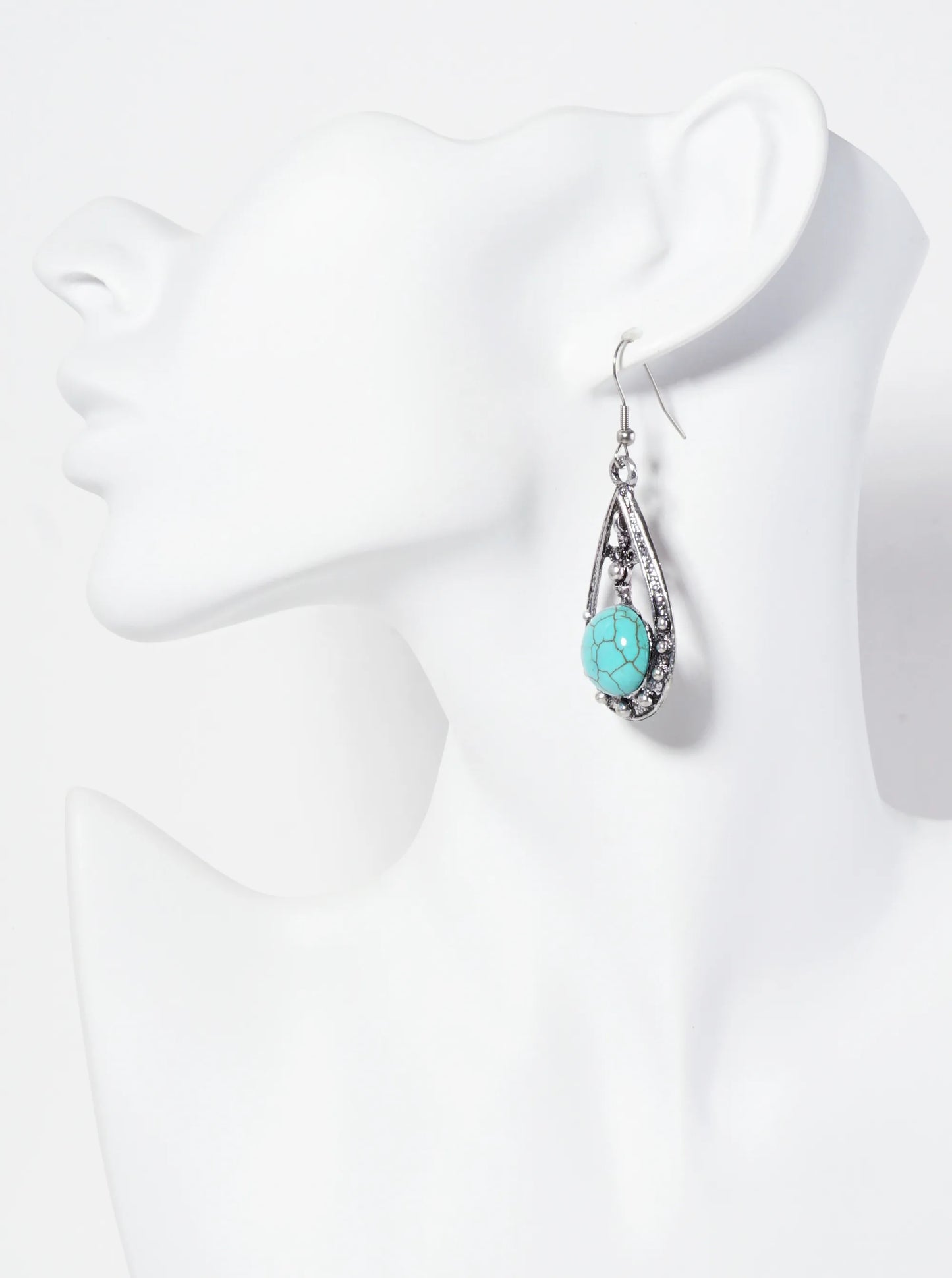 Turquoise Semi-Precious Natural-Stone Teardrop-Shape Bohemian Western Dangle Drop Earrings