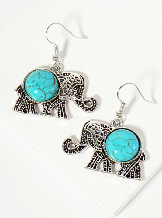 Turquoise Stone Embedded Textured Elephant Drop Earrings