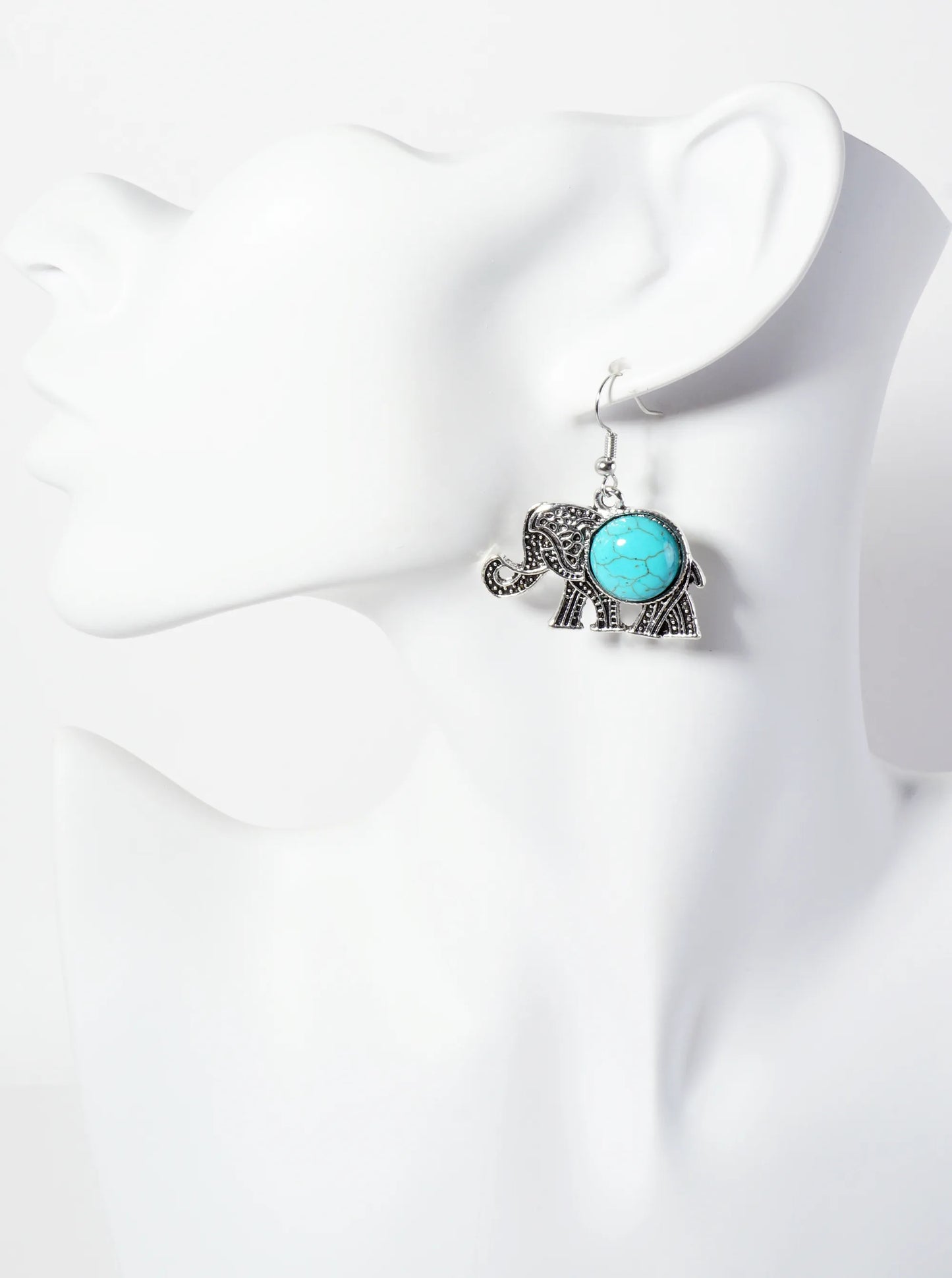 Turquoise Stone Embedded Textured Elephant Drop Earrings