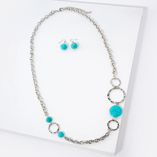Turquoise Stone Hammered-Texture Circles 32-Inch Long Necklace Set-with-Earrings