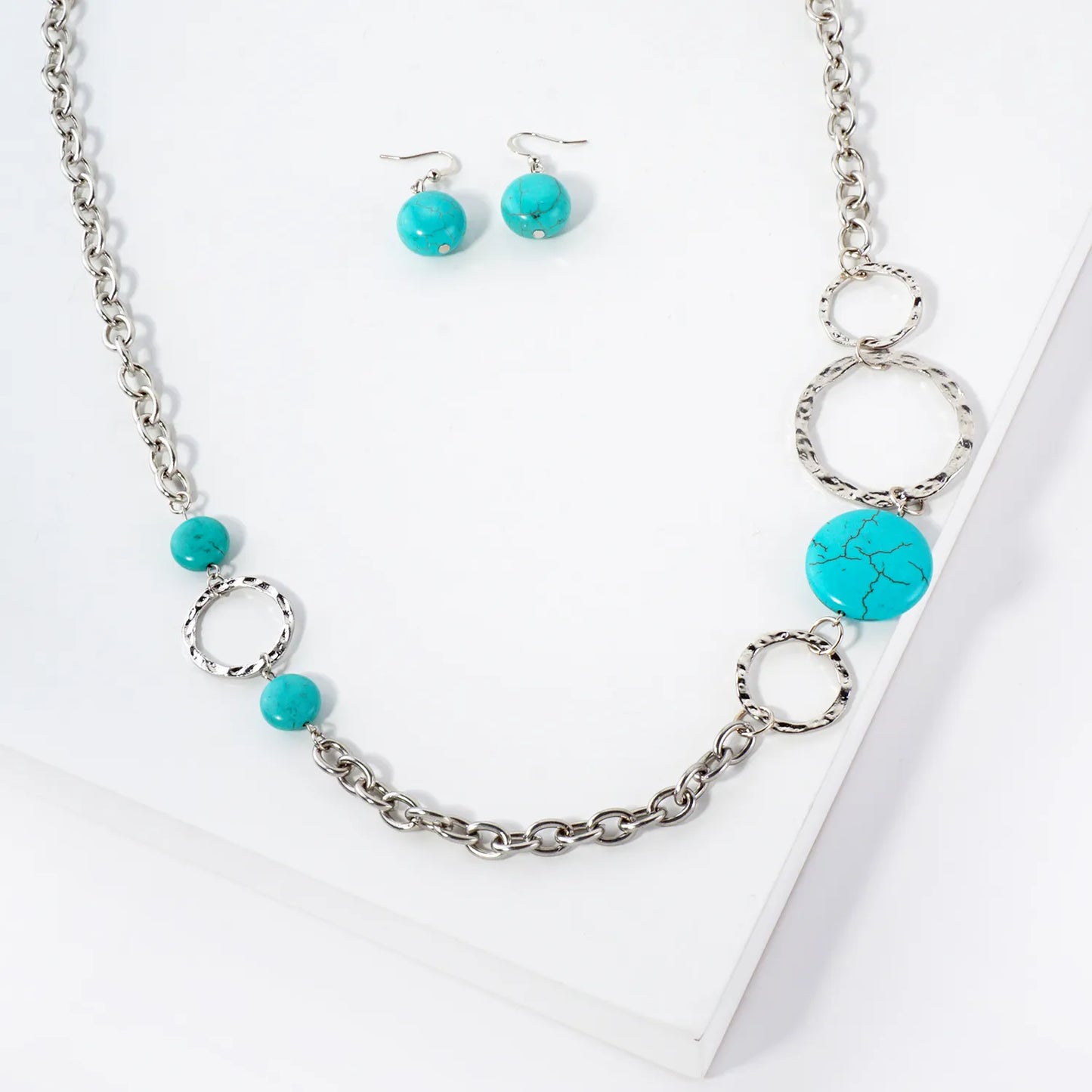 Turquoise Stone Hammered-Texture Circles 32-Inch Long Necklace Set-with-Earrings