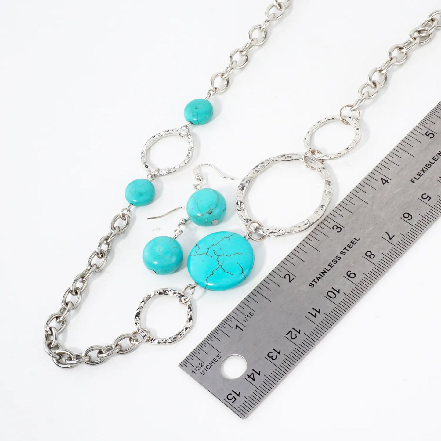 Turquoise Stone Hammered-Texture Circles 32-Inch Long Necklace Set-with-Earrings