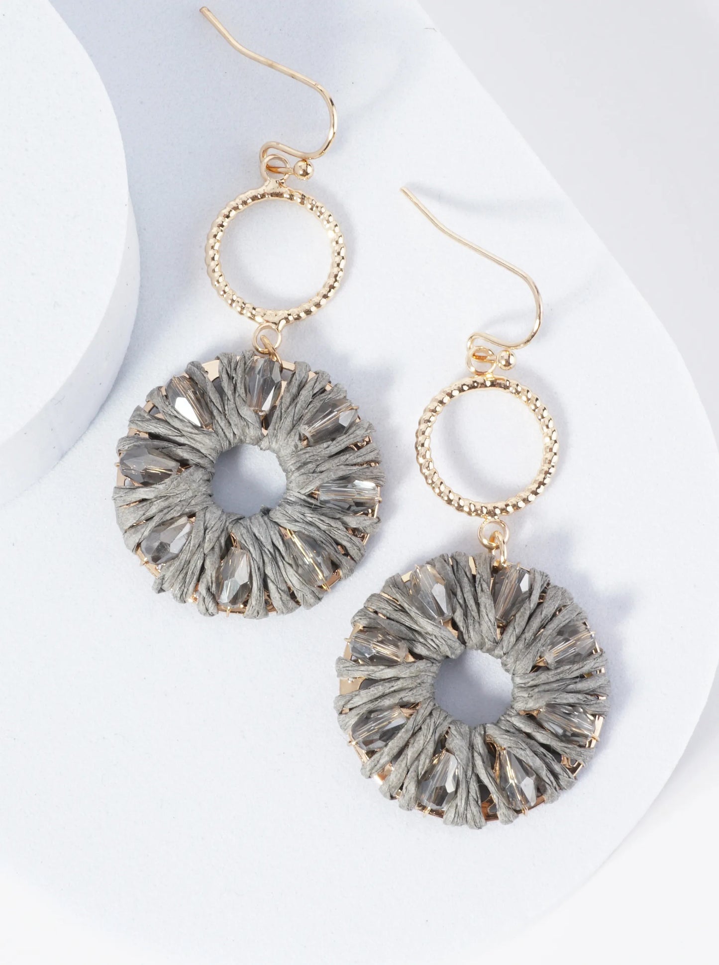 Two Circle Drop Earrings Wrapped With Glass Beads And Raffia