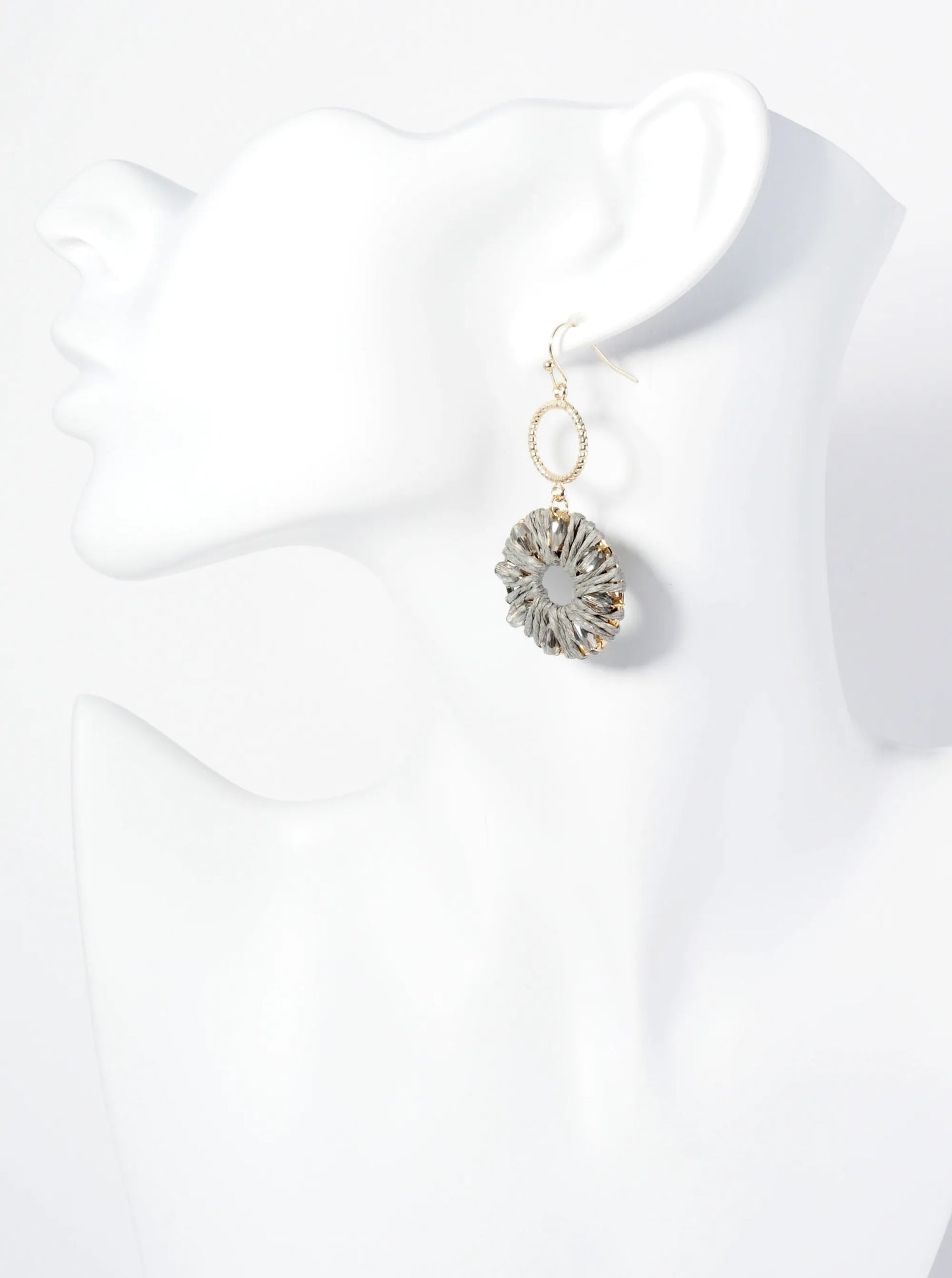 Two Circle Drop Earrings Wrapped With Glass Beads And Raffia