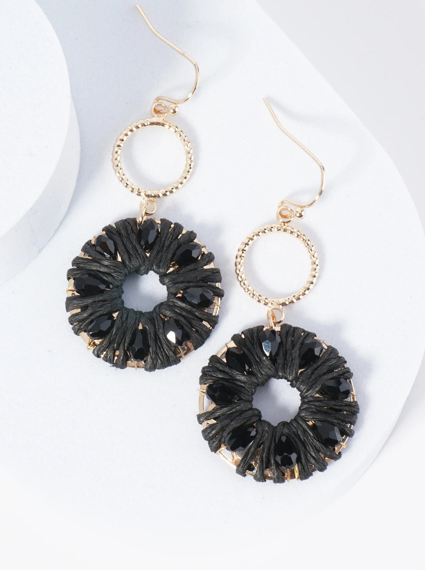 Two Circle Drop Earrings Wrapped With Glass Beads And Raffia