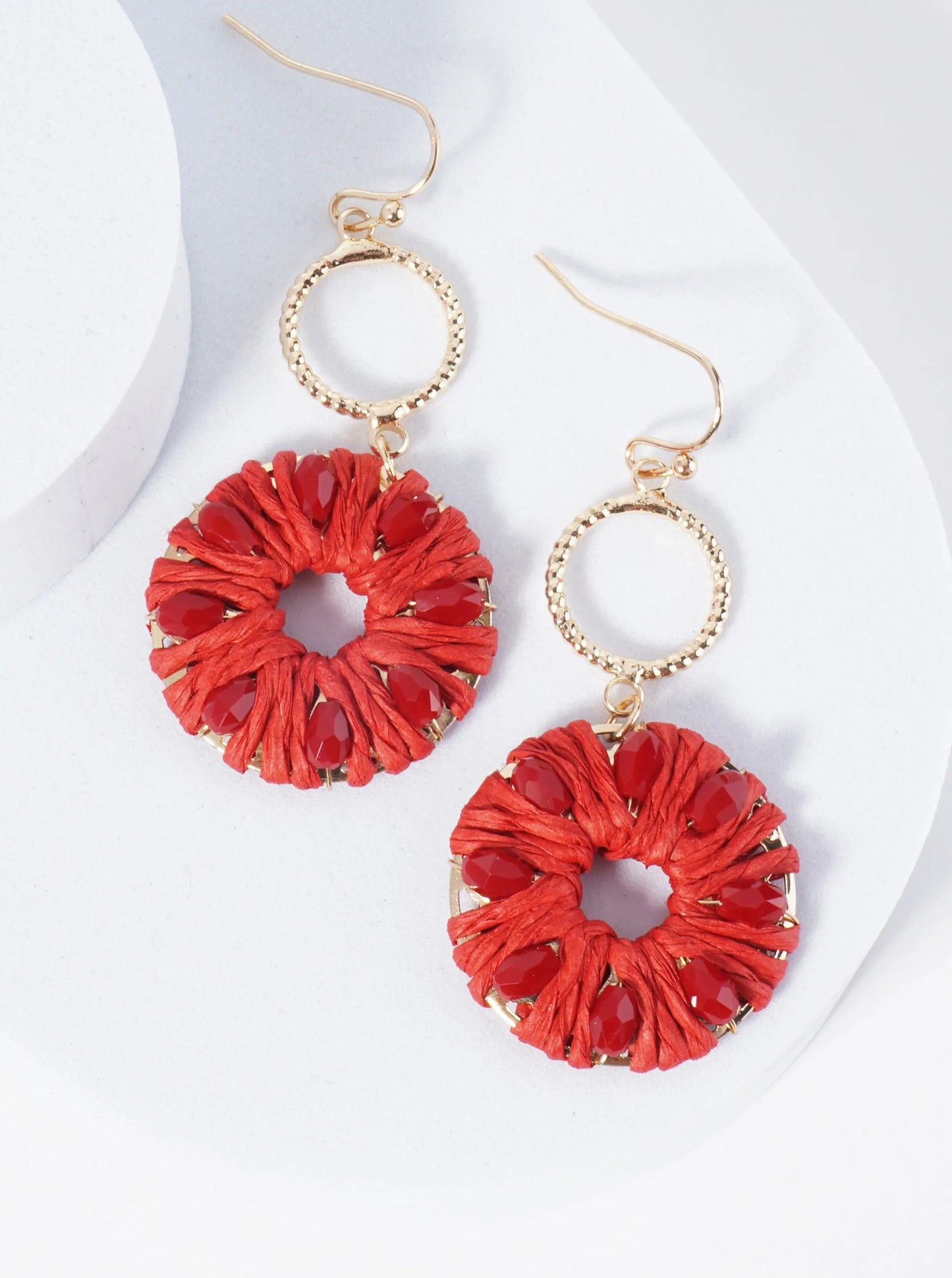 Two Circle Drop Earrings Wrapped With Glass Beads And Raffia