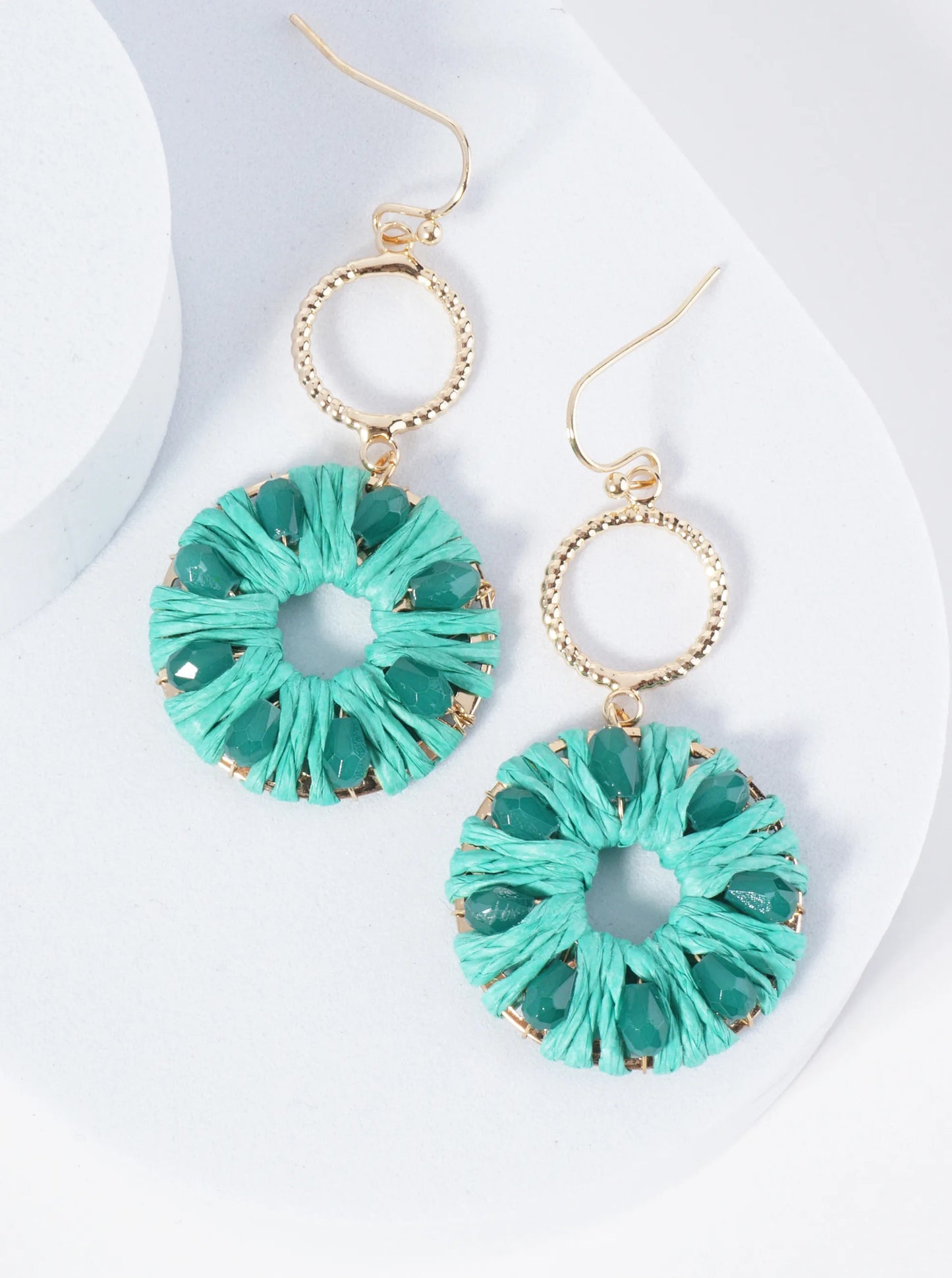 Two Circle Drop Earrings Wrapped With Glass Beads And Raffia