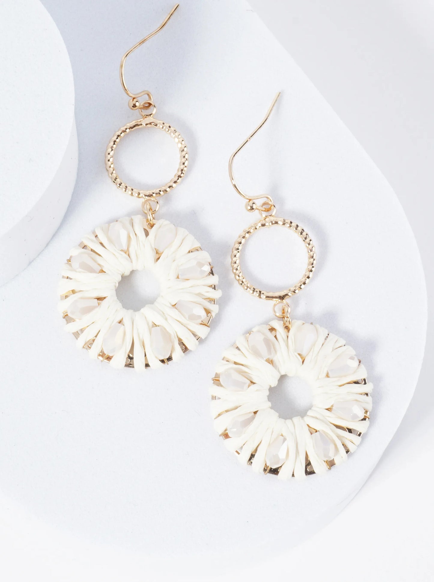 Two Circle Drop Earrings Wrapped With Glass Beads And Raffia