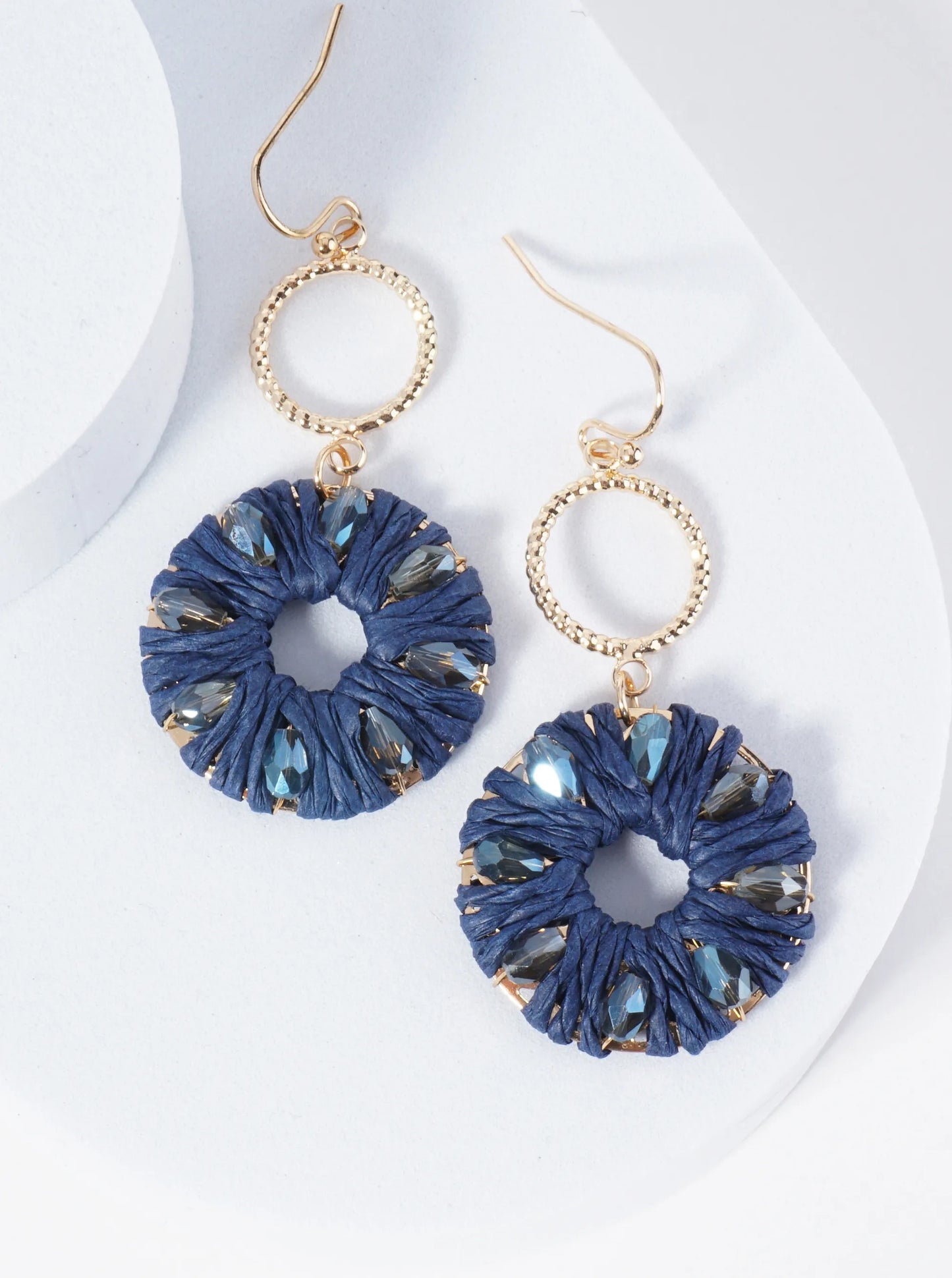 Two Circle Drop Earrings Wrapped With Glass Beads And Raffia