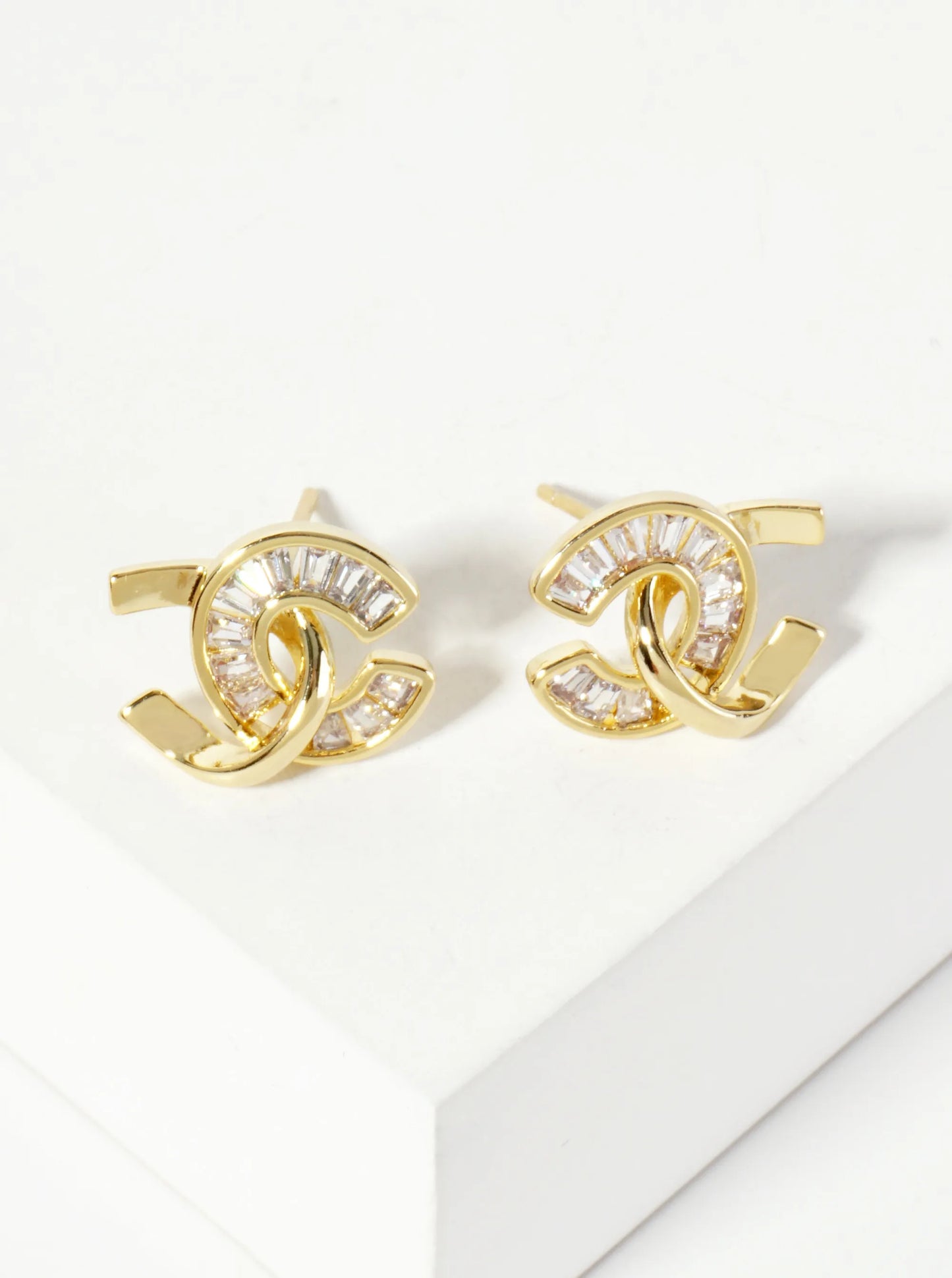 Two Overlapping C-Shapes Baguette Cubic-Zirconia 18K-Gold-Dipped Stud Earrings