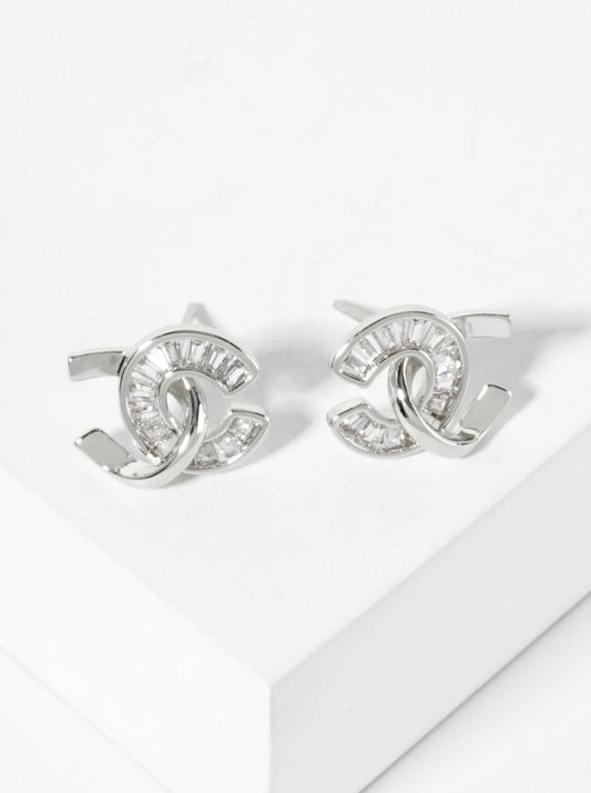 Two Overlapping C-Shapes Baguette Cubic-Zirconia 18K-Gold-Dipped Stud Earrings