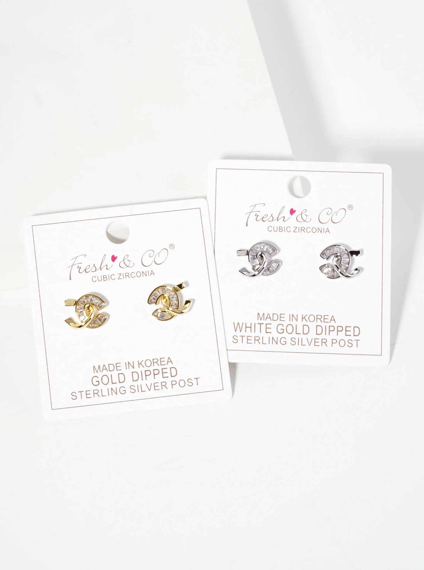 Two Overlapping C-Shapes Baguette Cubic-Zirconia 18K-Gold-Dipped Stud Earrings