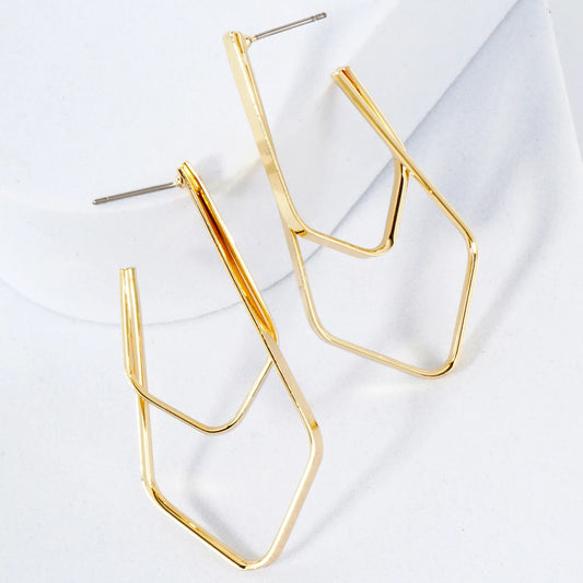 Two Overlapping Elongated Diamond Shaped 14K-Gold-Dipped Brass 45mm Hoop Earrings