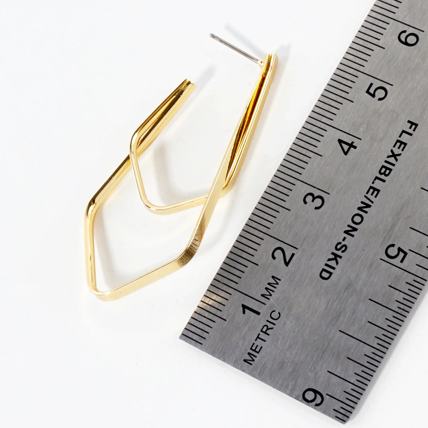 Two Overlapping Elongated Diamond Shaped 14K-Gold-Dipped Brass 45mm Hoop Earrings