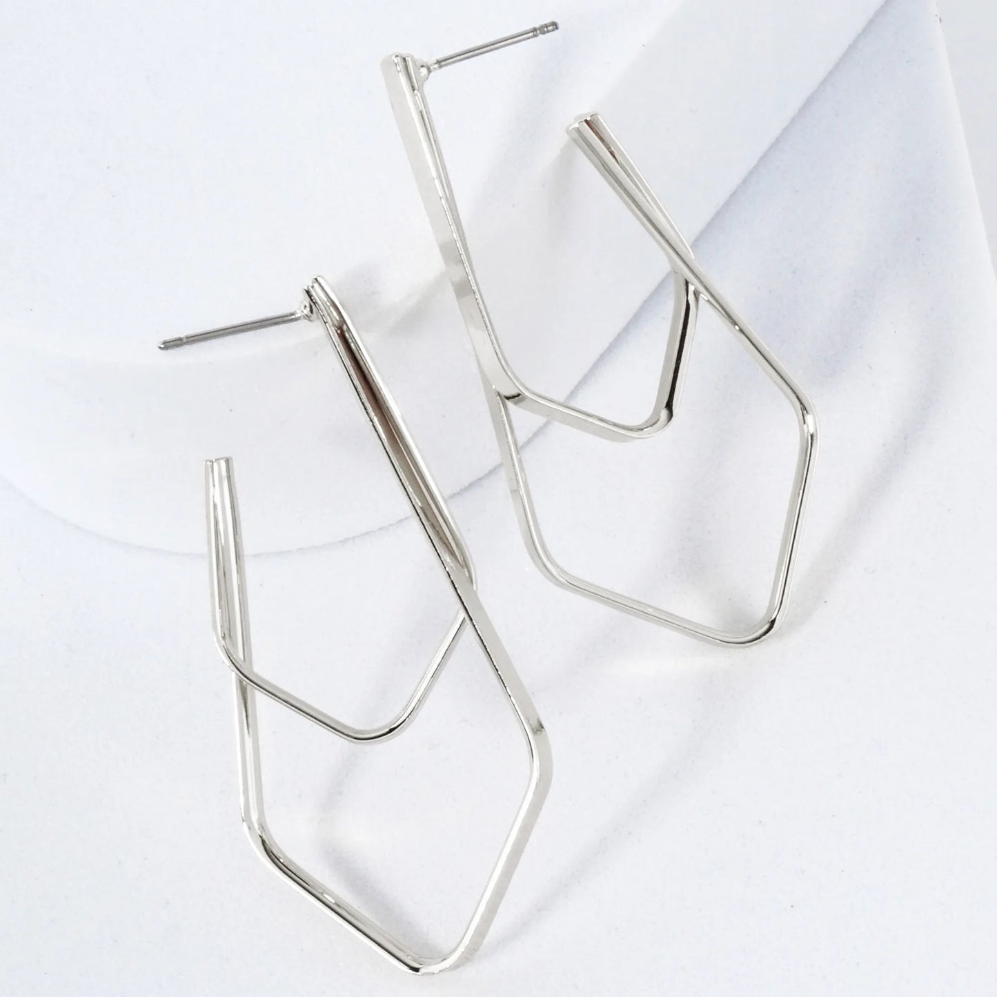 Two Overlapping Elongated Diamond Shaped 14K-Gold-Dipped Brass 45mm Hoop Earrings