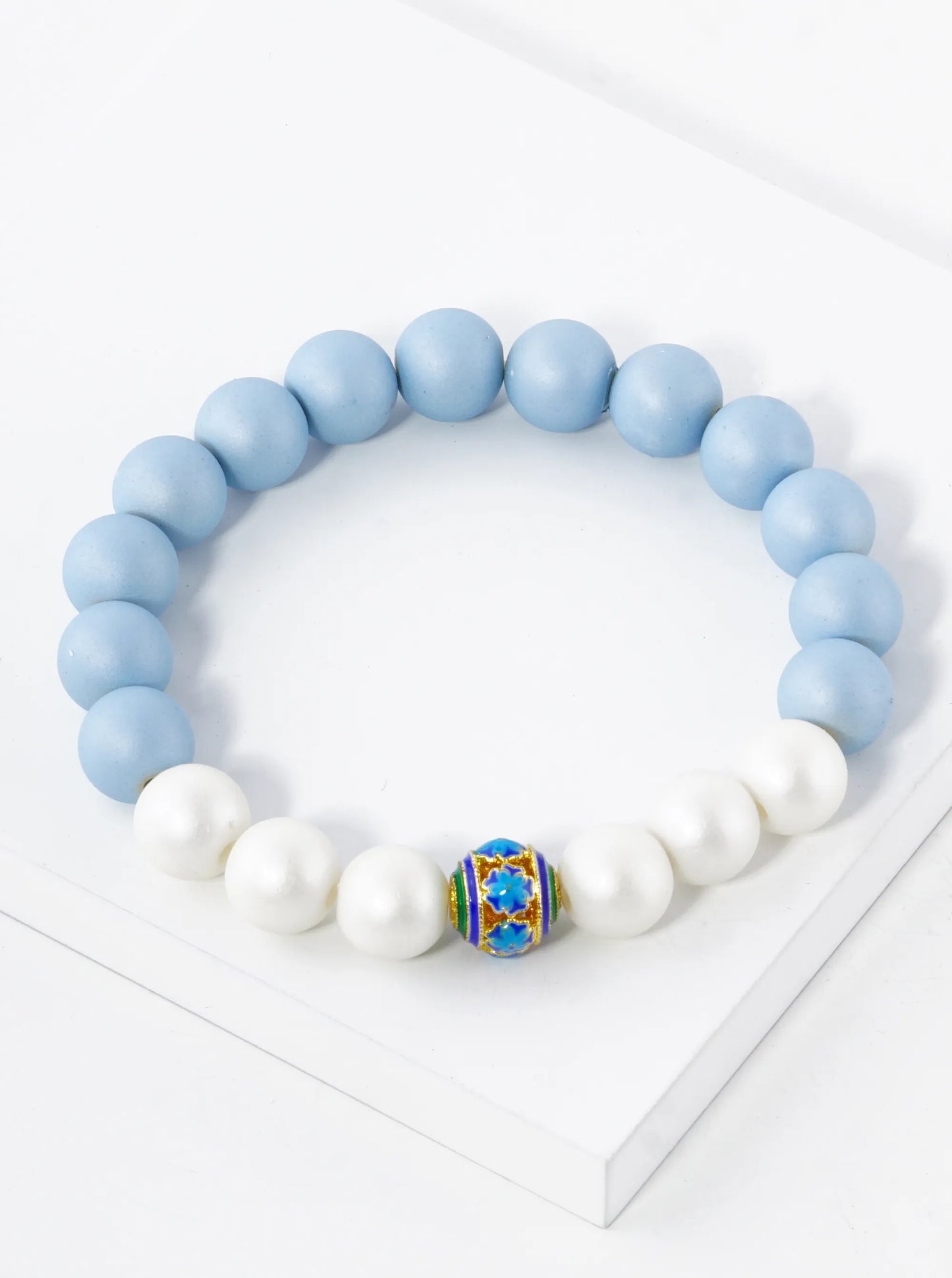 Two-Tone 10mm Color Coated Beads Stretch Bracelet With Cloisonne Flower Bead Accent