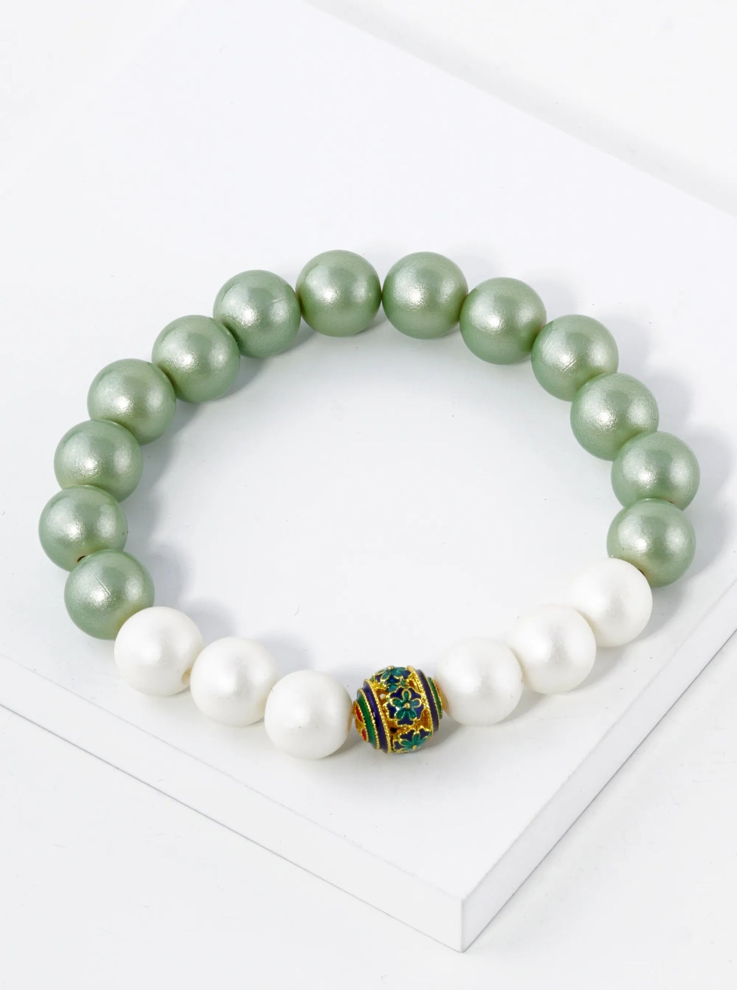 Two-Tone 10mm Color Coated Beads Stretch Bracelet With Cloisonne Flower Bead Accent