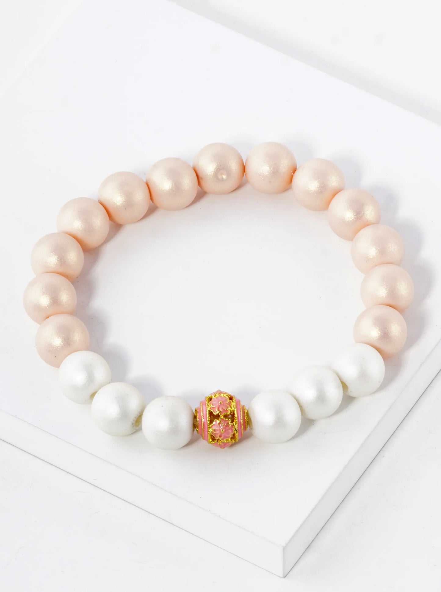 Two-Tone 10mm Color Coated Beads Stretch Bracelet With Cloisonne Flower Bead Accent