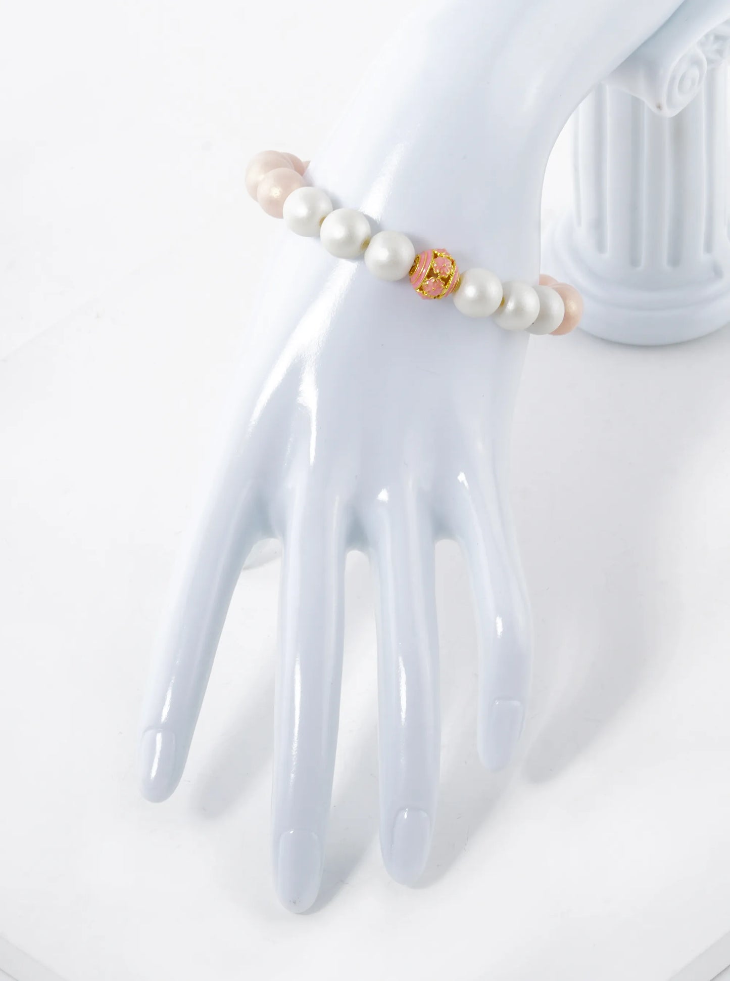 Two-Tone 10mm Color Coated Beads Stretch Bracelet With Cloisonne Flower Bead Accent