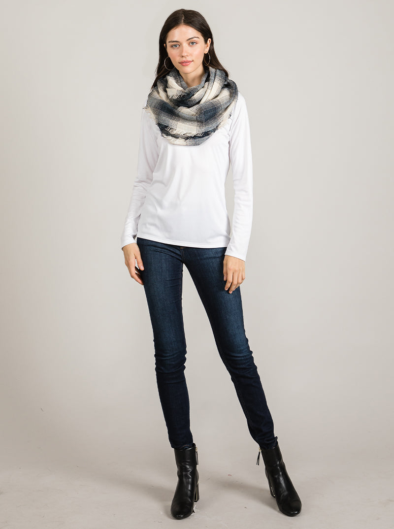 Two-Tone Checkered Plaid Double Loop Infinity Scarf With Fringe