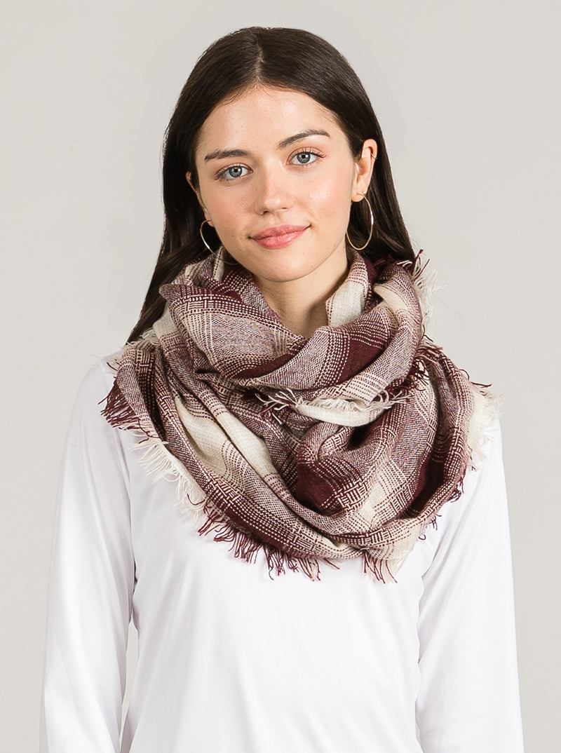 Two-Tone Checkered Plaid Double Loop Infinity Scarf With Fringe