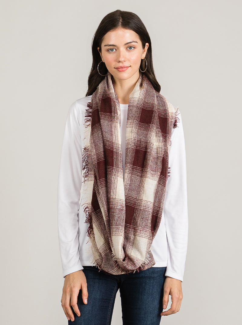 Two-Tone Checkered Plaid Double Loop Infinity Scarf With Fringe