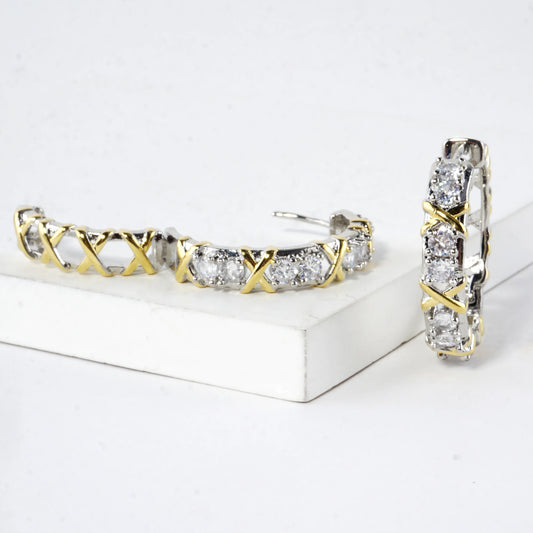 Two-Tone Crisscross Cubic Zirconia X Hoop Earrings
