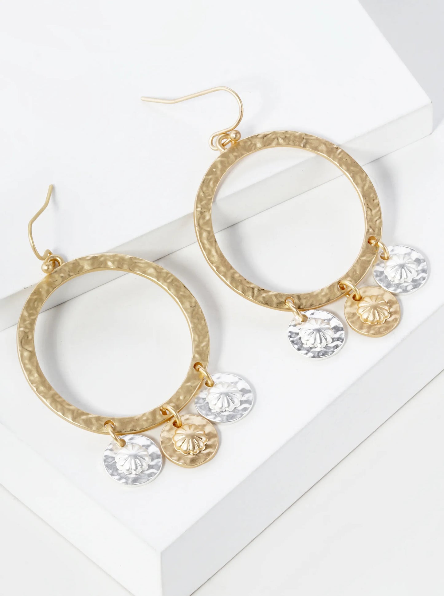 Two-Tone Hammered Circle Dangle Drop Earrings With Disc Charms