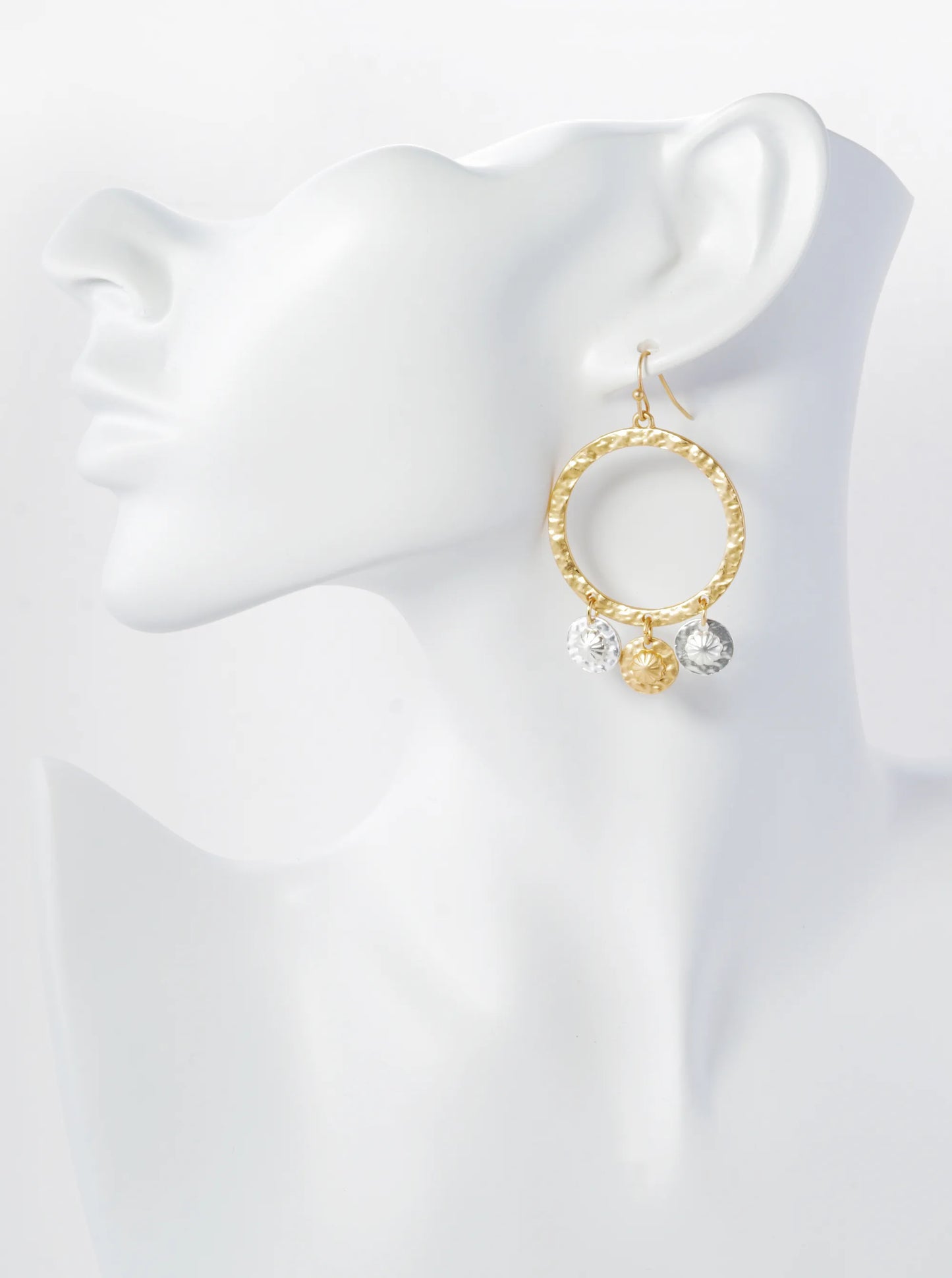 Two-Tone Hammered Circle Dangle Drop Earrings With Disc Charms