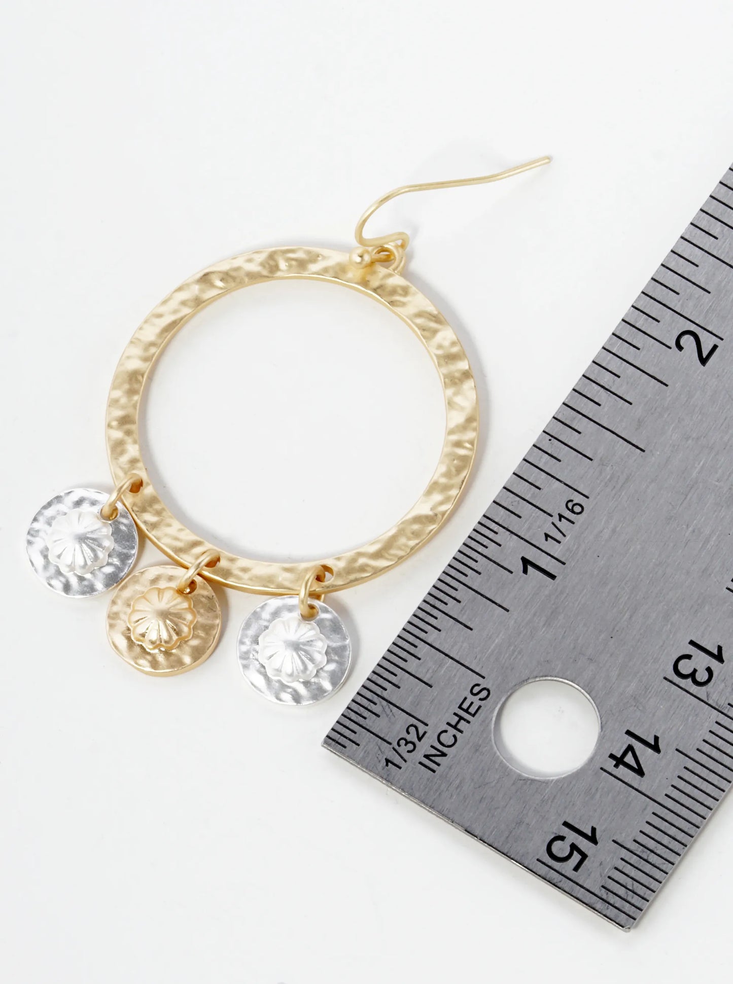 Two-Tone Hammered Circle Dangle Drop Earrings With Disc Charms
